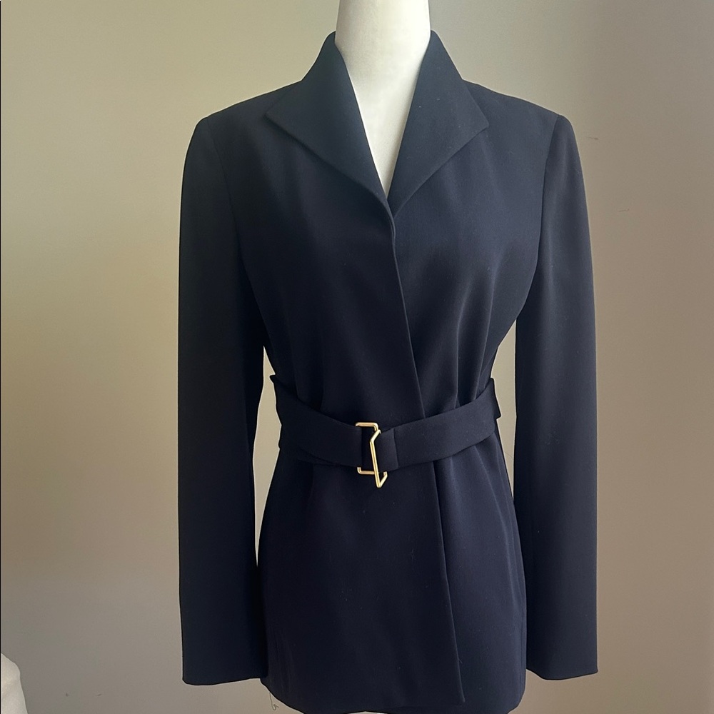 Chic Women's Navy Tropical Wool Pant Suit with Belted Jacket